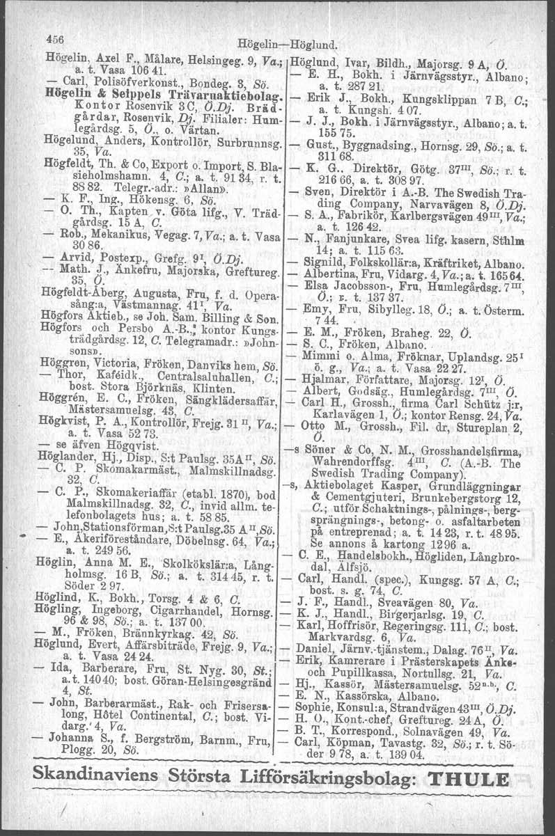 456 HögeIin-Höglund. Högelin, Axel F., Målare, Helllingeg. 9, Va.; Höglund, Ivar, Bildh., Majorsg. 9 A, Ö. a. t. Vasa 10641. - E. H., Bokh. i Järnvägsstyr., Albano; - Carl, Polisöfverkonst., Bondeg.