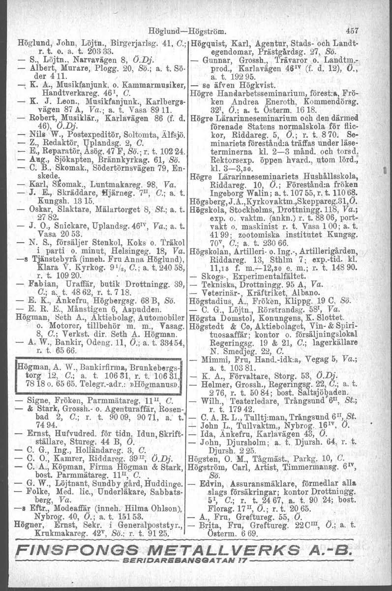 - Signe, Fröken, Parmmätarsg. Ull, G. - & Stark, Grossh.- o. Agenturaffär, Rosenbad 2, G.; r. t. 9009, 9071, a: t. 7494. - Ernst, Hufvudred. för tidn, Idun, Skriftställare, Stureg. 44 B, O. - C. G., Ing.