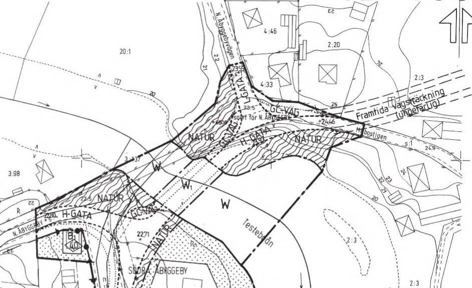 Gällande detaljplaner och angränsande fastigheter En detaljplan finns vid bron över Testeboån och korsningarna i dess anslutning, Ny bro i Åbyggeby 1988-05-19.