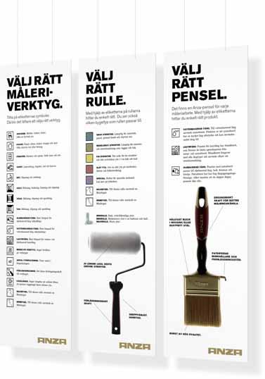 INFOSKYLTAR Skyltar som hjälper din kund att välja rätt måleriverktyg. Skyltarna är 250 x 850 och hängs ut från inredningen med hjälp av ett specialstag.