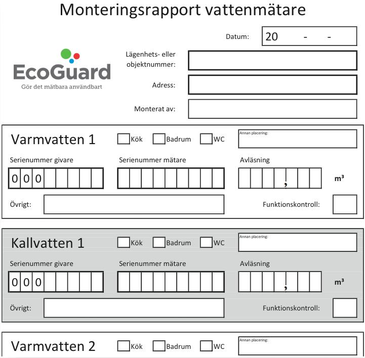 REGISTRERING 1. Funktionskontrollera utrustningen: Kontrollera att räkneverket går åt rätt håll. Kontrollera att inga läckor finns. Bocka för att utrustningen är kontrollerad på monteringsrapporten.