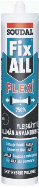 Fix All Flexi Tidigare Fix All Classic FixAll Flexi är en högkvalitets elastisk enkomponent MSpolymerbaserad fogmassa, kemiskt neutral och med starkt limmande egenskaper, innehåller antimögelmedel.