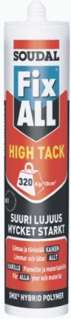 Fix All High Tack Högt initialt hugg och snabbhärdande! Fix ALL High Tack har högt initialt hugg 320kg/kvm. Produkten härdar snabbt och bygger även upp slutstyrkan snabbt.