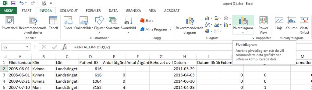 BILD 9, 10 och 11: Skapa Pivottabell Klicka på fliken INFOGA i menyraden Klicka