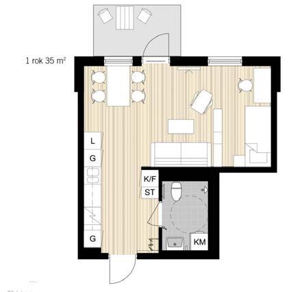 35m 2 : ägenheten är på 35m² och består av ett rum samt kök kombinerad med hall.