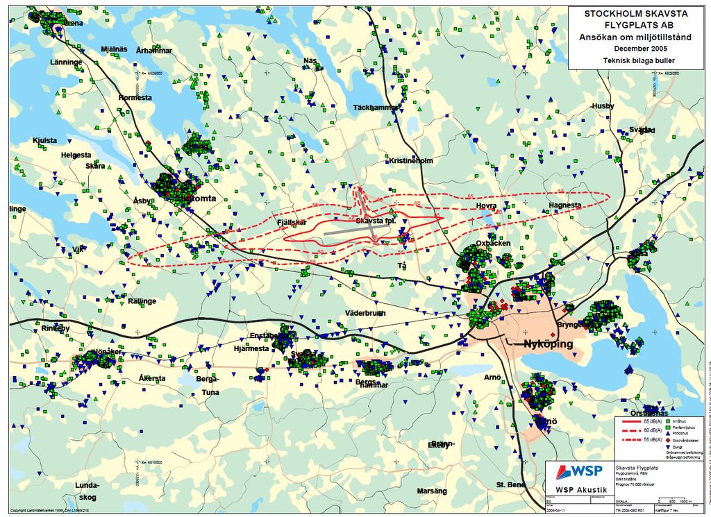 Flygbullerberäkningar för Skavsta flygplats har utförts av WSP under 2004. Maximal flygbullernivå (FBN) 55, 60 och 65 db(a) har beräknats för sökt tillstånd med 75 000 rörelser per år, se Figur 22.