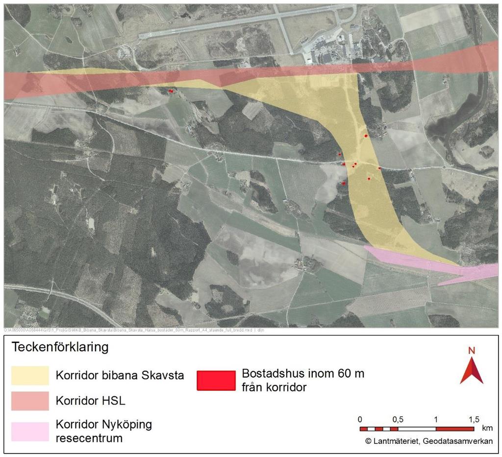Figur 25 Stomljud: Karta med bostäder inom 60 meter från korridoren. Det finns ca 11 bostäder inom ett avstånd av 60 meter från korridoren, Figur 25.