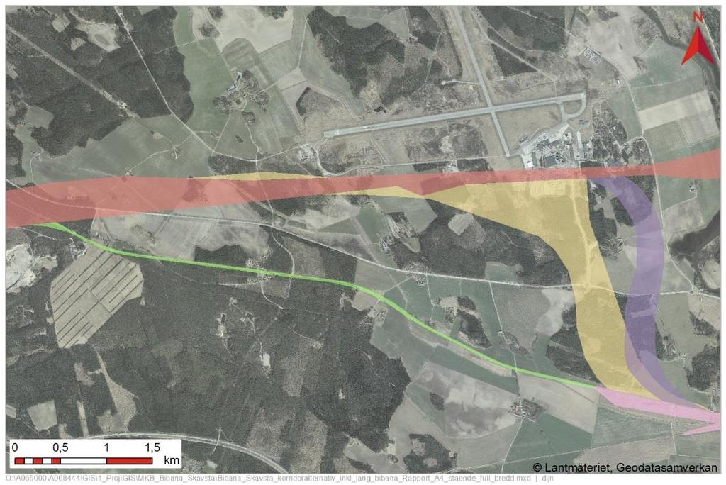 Samlad bedömning av alternativ för bibana och höghastighetsbana Figur 29 Lång bibana (grön) och kort bibana (lila) från MKB JU (Trafikverket, 2009) och korridoren för kort bibana med Skavsta station