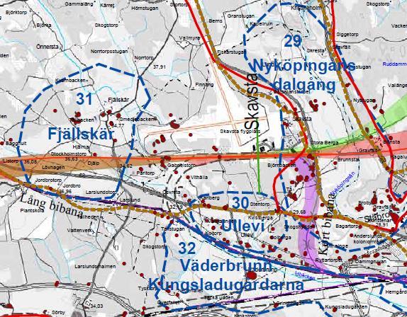 Utförlig beskrivning av de båda riksintressena finns i kapitel 3.2.1. Information om områdets kulturmiljö vid korridorerna för utredningsalternativ 1 och kort bibana finns även i kapitel 4.3.1. Kulturmiljö längs den långa bibanan beskrivs i kapitel 7.