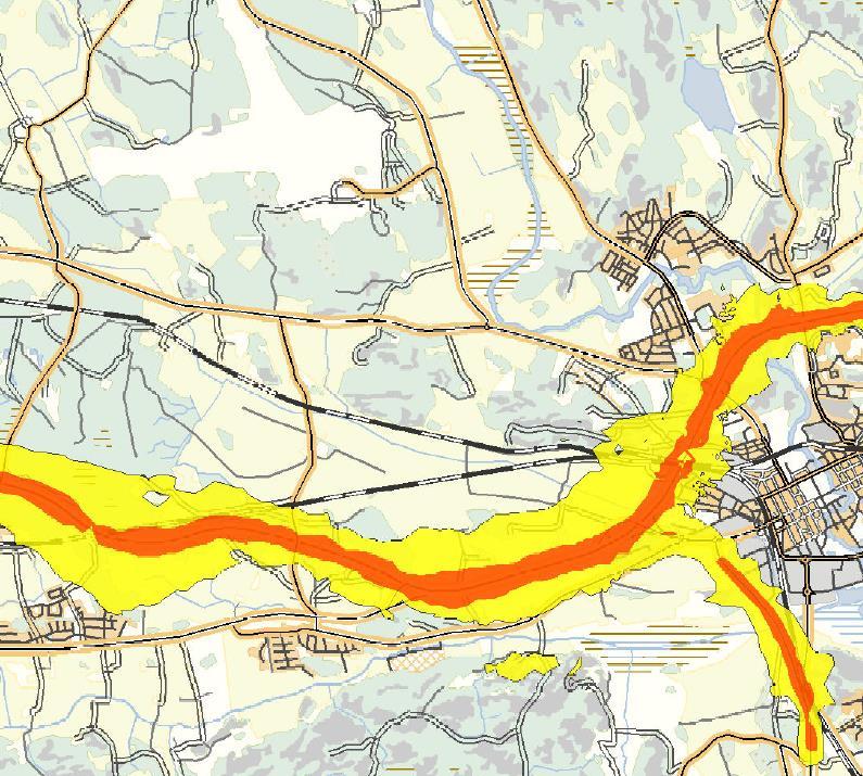 Figur 32 Urklipp från Trafikverkets kartläggning av buller från väg E4 (Trafikverket, 2012) En gemensam förutsättning är också att området är glest befolkat och att det inte finns några vårdlokaler,