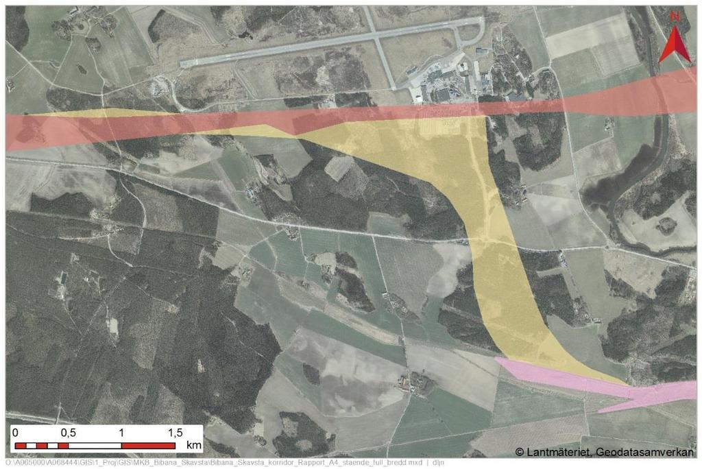 Figur 11 Korridor för kort bibana med Skavsta station på bibanan, utredningsalternativ 1, (Utredningsalternativ 1). Miljökonsekvensbeskrivningen är uppdelad i ett antal kapitel.