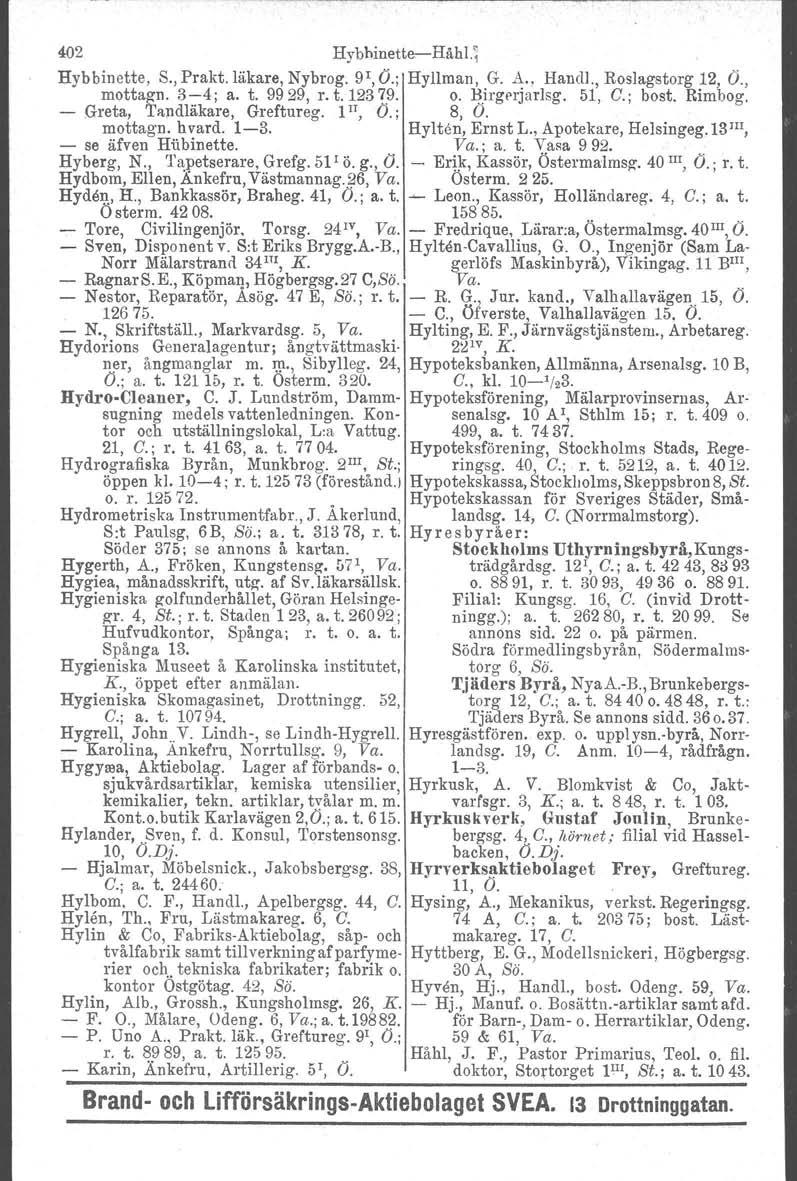 402 HybbinetteeHähl.i Hybbinette, S., Prakt. läkare, Nybrog. 9 1, O.; Hyllman. G. A., Handl., Roslagstorg 12, O., mottagn. 34; a. t. 9929, r. t.123 7.9. Greta, Tandläkare, Greftureg. l II, O.; o.