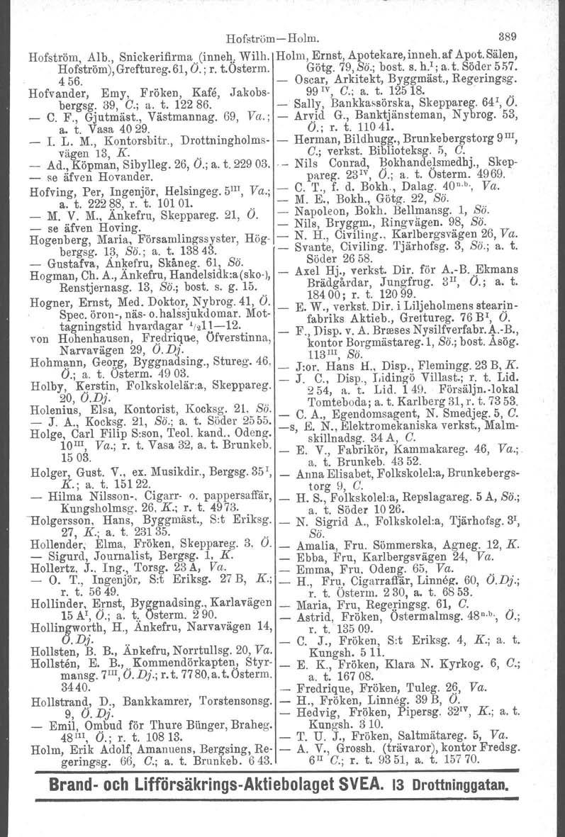 HofströmHolm. 389 Hofström, Alb., Snickerifirma.(inne!!: Wilh. Holm, Ernst, Apotekare, inneh. af Apot. Sälen, Hofström), Greftureg. 61, O.; r. t.osterm. Götg. 79, Sä.; bost. S.h.'; a. t. Söder 557.