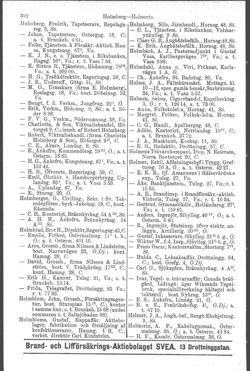 3n2 HolmbergHolmerin. Holmberg, Fredrik, Tapetserare, Repslaga Holmborg, Nils, Järnhandl., Hornsg. 48, so. reg. 3, Sö. C. L., Tjänstem. i Riksbanken, Volmar Johan, Tapetserare, Oxtorgsg. 18, C.