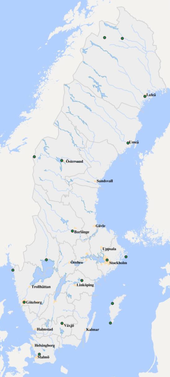 2.3.1 Solstrålning - SMHI:s mätstationer Stationsnätverket för solstrålningsmätningar bestod i december 2016 av 18 stationer utspridda i landet, se Figur 3 och Tabell 2.