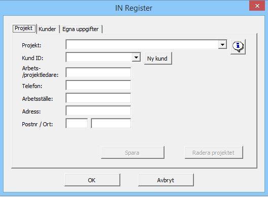 Om du väljer att skapa ett nytt projekt visas ett nytt fönster där du fyller i de nya projekt- och kunduppgifterna.