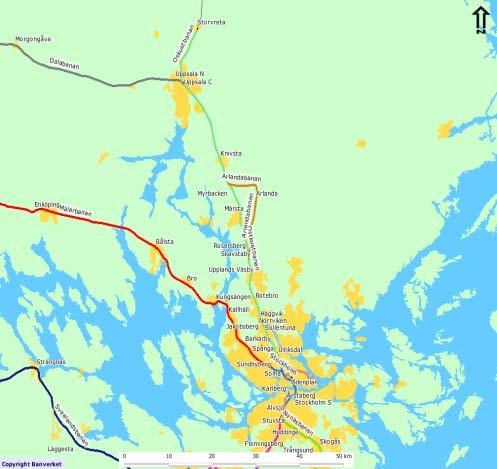 Karta 1. Stråk som berörs i denna PM (Ostkustbanan grön färg, Arlandabanan brun färg och Stockholm blå färg).
