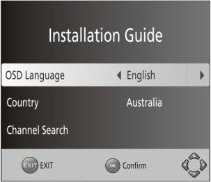Förstagångsinstallation Om du använder mottagaren för första gången kommer installationsmenyn att visas på TV-skärmen.