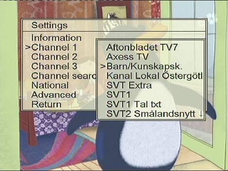2 Choosing channels (Channel 1, 2,3) This menu is used for selecting which digital television channels are transmitted by the Multibox on Channels 1, 2 and 3.
