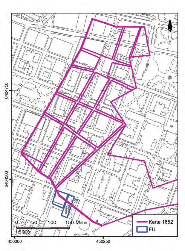 6 ARKEOLOGISK RAPPORT 2016:26 Figur 2. Plan med stadskartan och den äldre kartan från 1652 samkopierade.