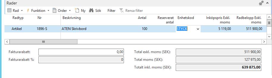 Fältförklaring fliken Rader: Fält Radtyp Nr Beskrivning Antal Enhetskod Inköpspris exkl. moms Radebelopp exkl. moms Totalbelopp exkl moms Moms Totalbelopp inkl moms Välj mellan Redov.