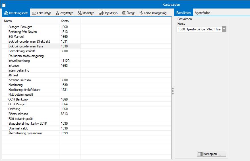 KONTOVÄRDEN Här ställer du in vilka konton som ska