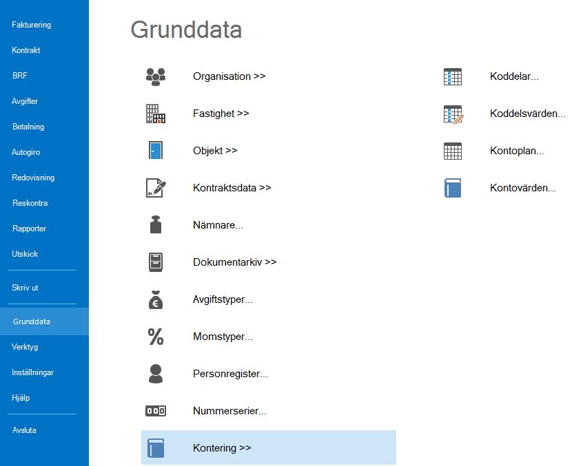 Kontering Under Meny->Grunddata->Kontering