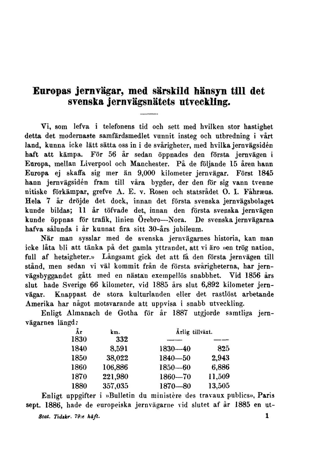 Europas jernvägar, med särskild hänsyn till det svenska jernvägsnätets utveckling.