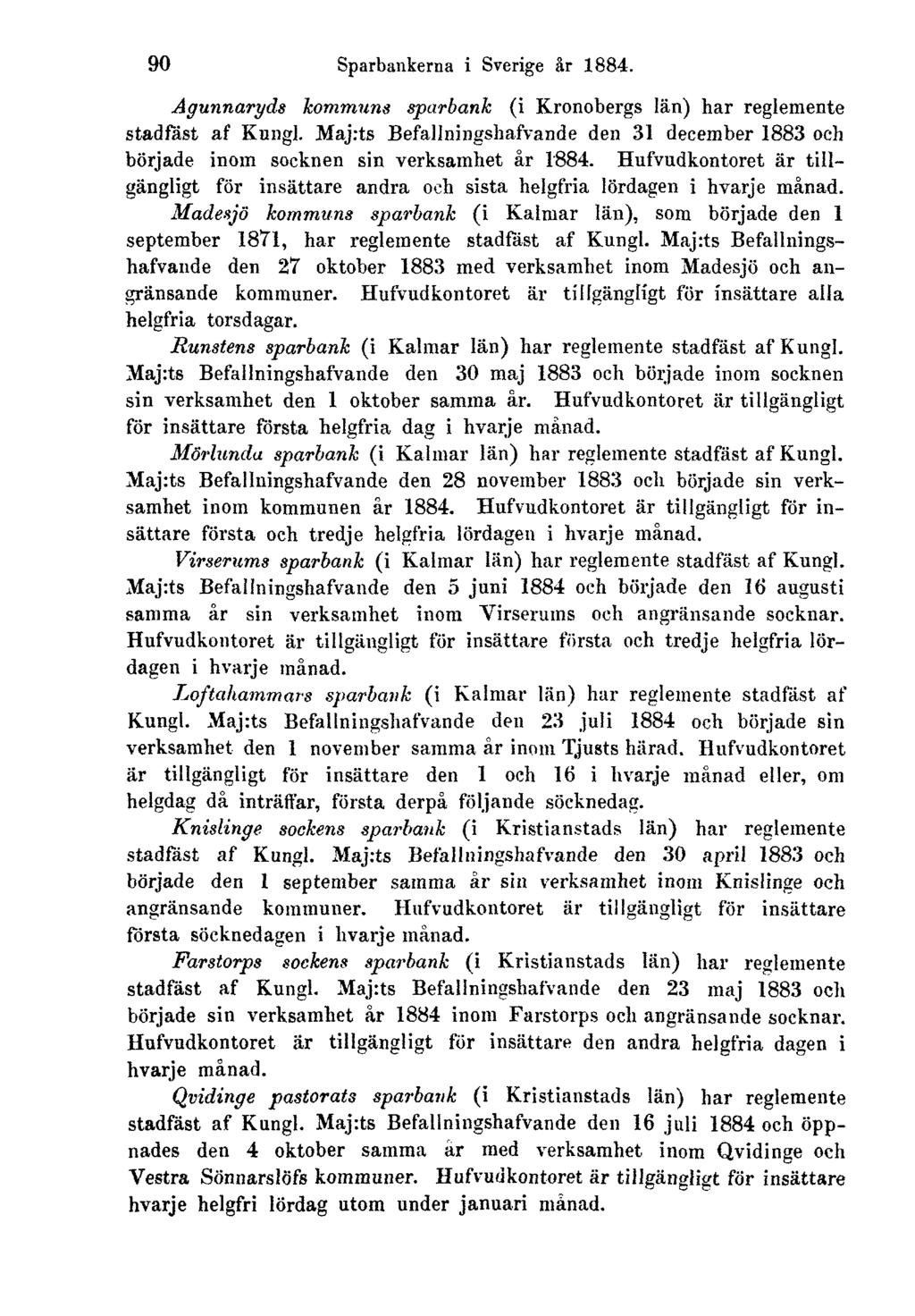 90 Sparbankerna i Sverige år 1884. Agunnaryds kommuns sparbank (i Kronobergs län) har reglemente stadfäst af Kungl.