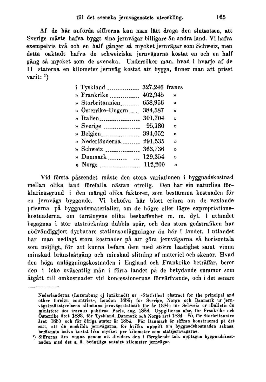 till det svenska jernvägsnätets utveckling. 165 Af de bär anförda siffrorna kan man lätt draga den slutsatsen, att Sverige måste hafva byggt sina jernvägar billigare än andra land.