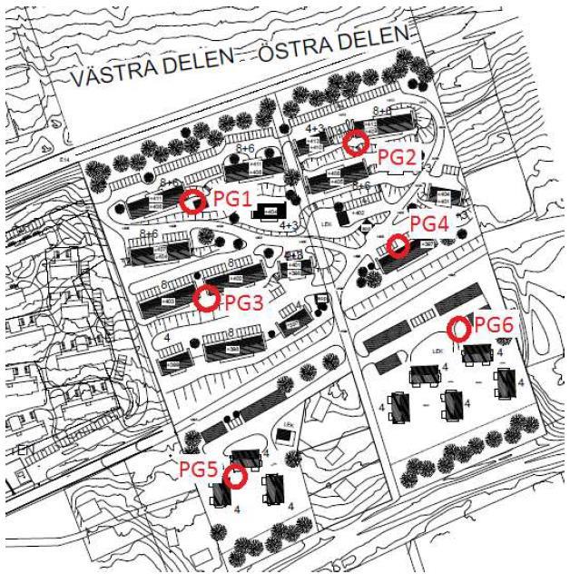 Figur 2. Geoteknisk undersökning med provgroparnas lägen markerade. Observera att situationsplanen är uppdaterad (se figur 1) efter att denna undersökning utfördes.