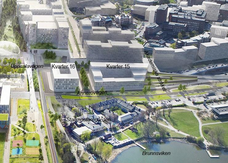 Sida 11 (19) Visionsbild med kvarter 15 och 16. Norr om kvarteren ligger Akademiska stråket som kopplar Karolinska med Hagaparken.