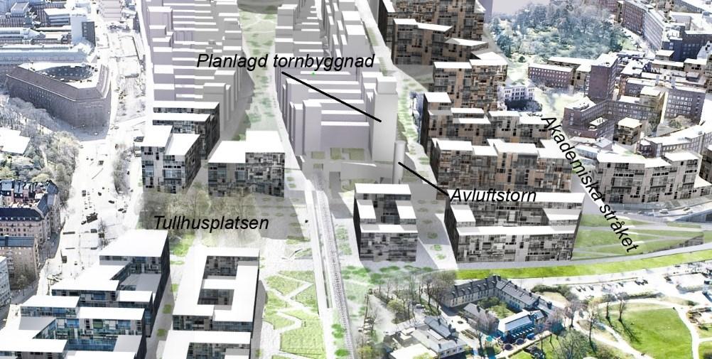 gc-stråket från Nationalstadsparken upp till norra Hagastaden planerades. Visionsbild som visar ny struktur kring Tullhusplatsen i kombination med gällande detaljplan för Hagastadens första etapp.