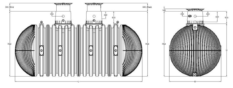 botten (över) DN160 2 3 Tank cylinder (sidor) DN110 12 16 20 24 28 32 36 40 44 4 Tankcylinder (över) DN200 2 3 4 5 6 7 8 9 10 5 Tank dome DN110 5 340 (min) 440 (max) 245 355 610 4 5 5 4 140 245 245