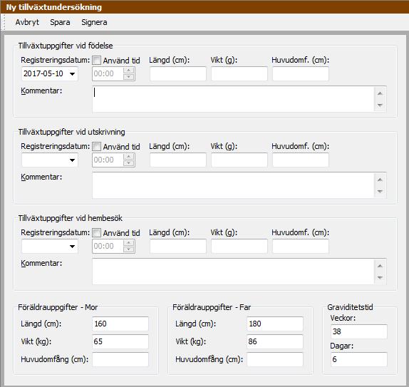 Tillväxt Ny samlad inmatning för nyfödd Ett nytt formulär för inmatning av Tillväxt- och Föräldrauppgifter för nyfödda, har tillkommit i modulen Tillväxt.