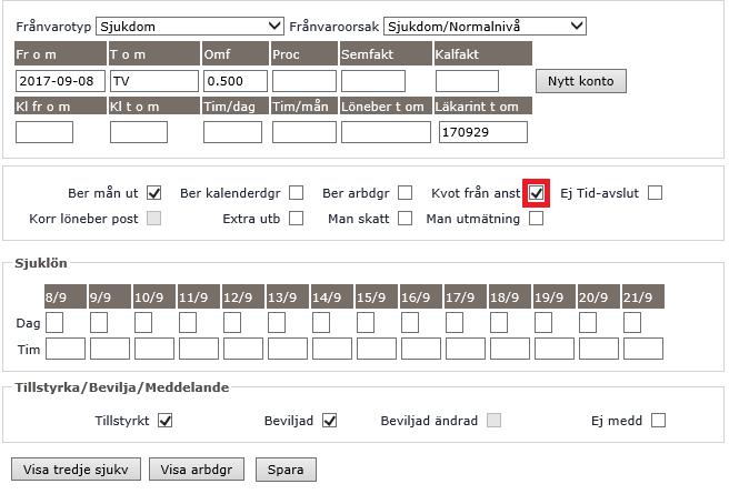 Sida 14 av 24 Rapportering av partiell sjukdom I exemplet ovan rapporteras en partiell sjukskrivning på halvtid (0.500) med läkarintyg t o m 170929. Sjukdom Sjukdom/Normalnivå Omfattning Ex.
