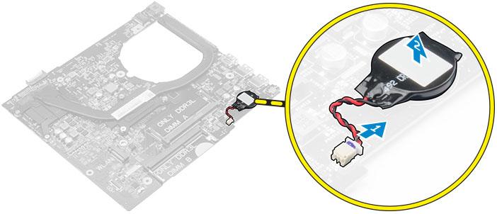 c hårddiskmonteringen d tangentbordet e handledsstödet f moderkortet 3 Ta bort knappcellsbatteriet: a Koppla bort knappcellsbatterikabeln från kontakten på moderkortet.