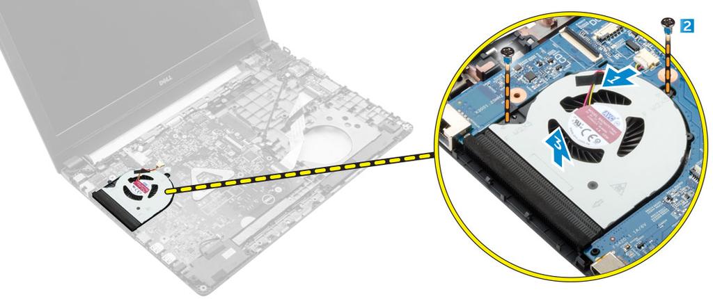 b c d e tangentbordet hårddiskmonteringen kåpan batteriet 5 Följ anvisningarna i När du har arbetat inuti datorn. Ta bort systemfläkten 1 Följ proceduren i Innan du arbetar inuti datorn.