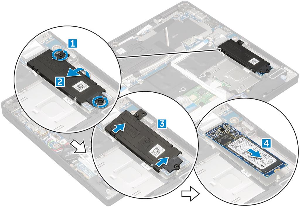 3 Så tar du bort NVMe SSD-kortet: a Lossa M2.0 x 3,0-skruvarna som håller fast det termiska SSD-fästet [1]. b Lyft bort det terrmiska fästet från SSD-kortet [2,3].