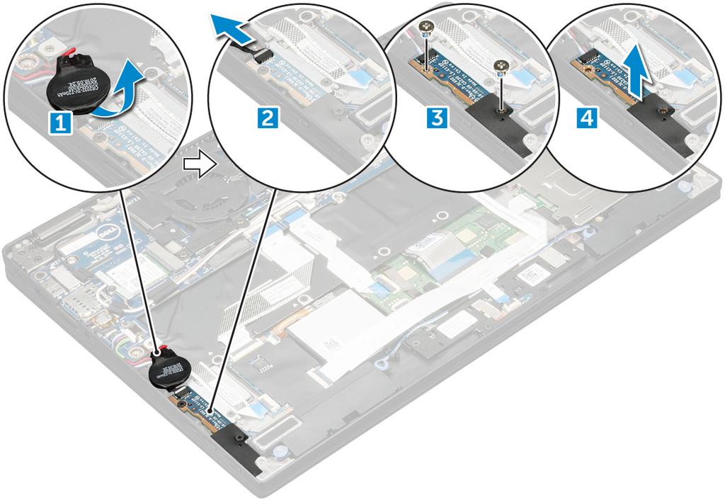 4 Installera: a batteriet b kåpan c SIM-kort d MicroSD-kort OBS: Så här installerar du båda korten i förekommande fall. 5 Följ anvisningarna i När du har arbetat inuti datorn.