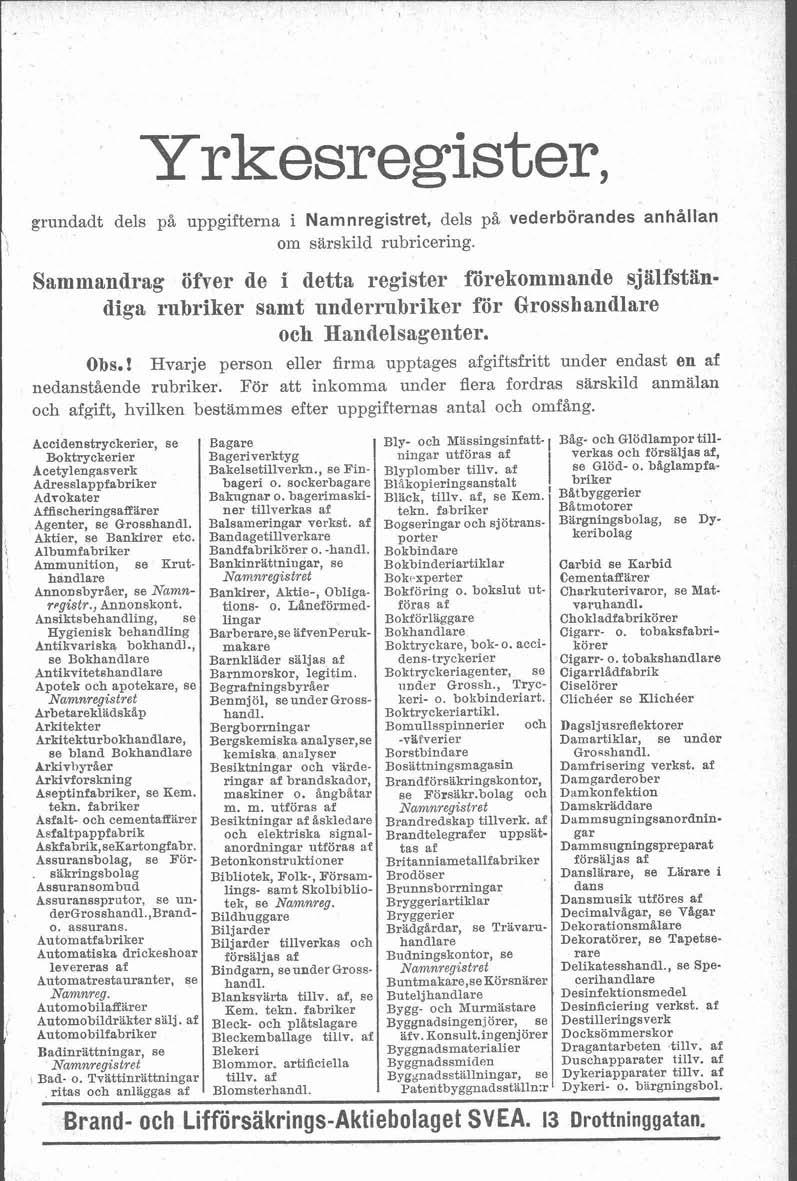 Yrkesregister, grundadt dels på uppgifterna i Namnregistret, dels på vederbörandes anhållan om särskild rubricering.