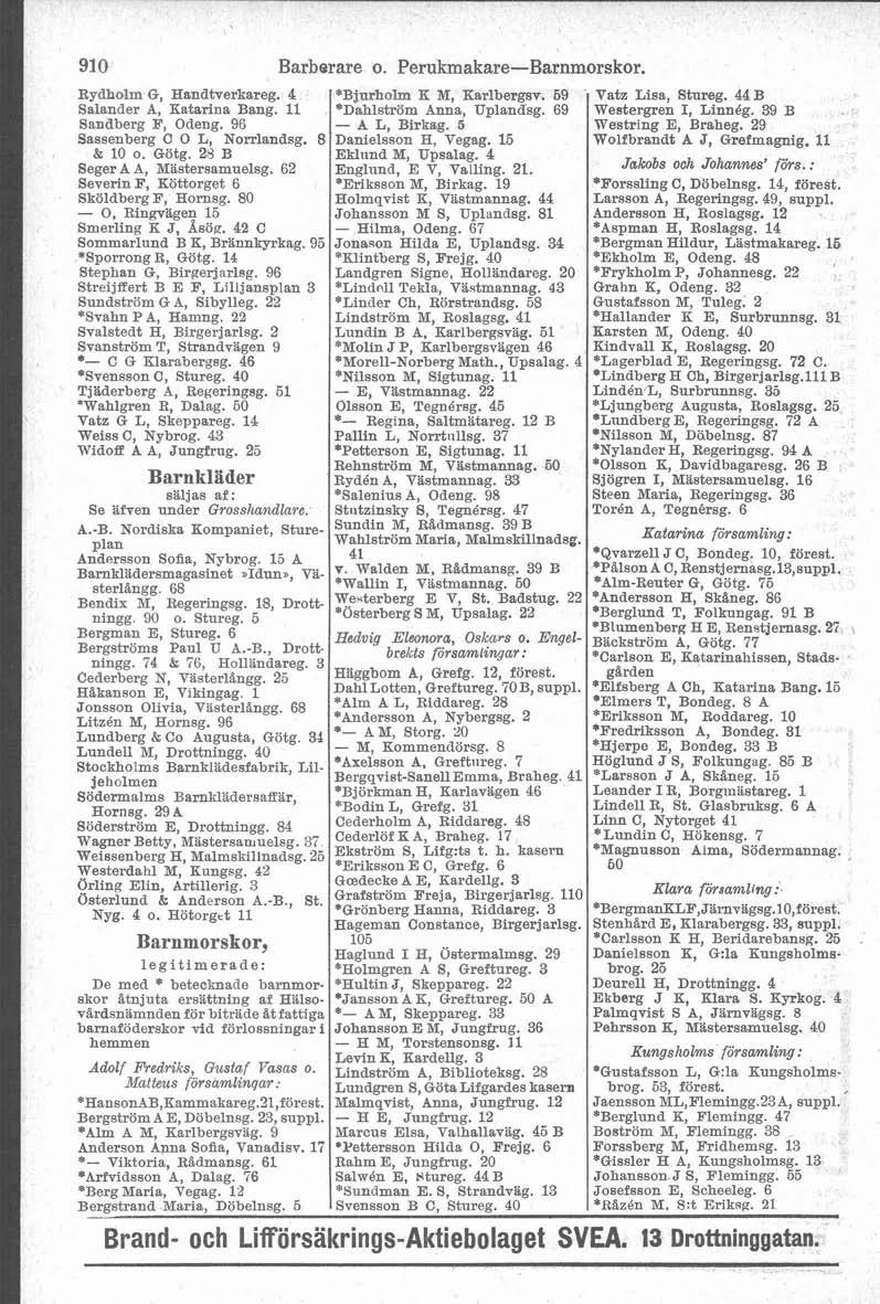 91 O Barberare o. Perukmakare-Barnmorskor. Rydholm G, Handtverkareg. 4 Salander A, Katarina Bang. 11 Sandberg B, Odeng. 96 Sassenberg C O L, Norrlandsg. 8 & 10 o. Götg 28 B SegerA A, Mbstersamuelsg.