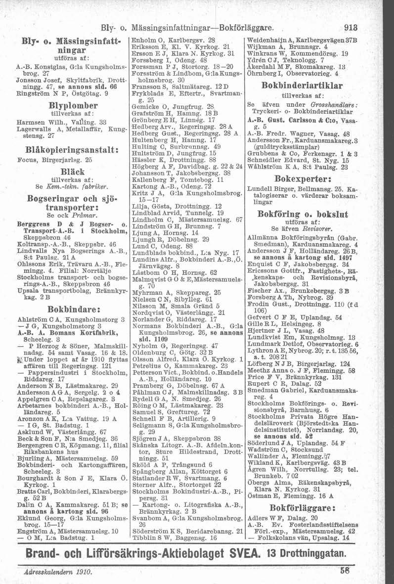 Bly- o. Mässingsinfattningar-~Bokförläggare. 918 Bly. o. Mas~ingsinf~tt. Enholm O, Karlbergsv. 28 ningar utföras af: A.-B. Konstglas, G:la Rungsholmsbrog. 27 Jonsson Josef, Skyltfabrik, Drottningg.