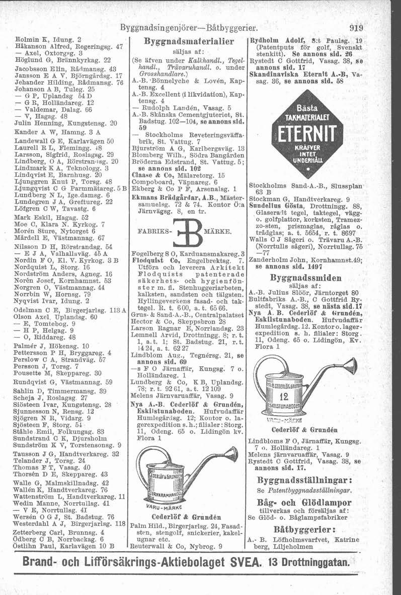 Byggnadsingenjörer-Båtbyggerier. 919 Eolmin E, Idung. 2 - - Byggnadsmaterialier Rydh0lm Adolf, J:t Paulsg. 10 Hlkanson Alfred, Regeringsg. 47 (Patentputs för golf, Svenskt - Axel, Oxtorgsg.