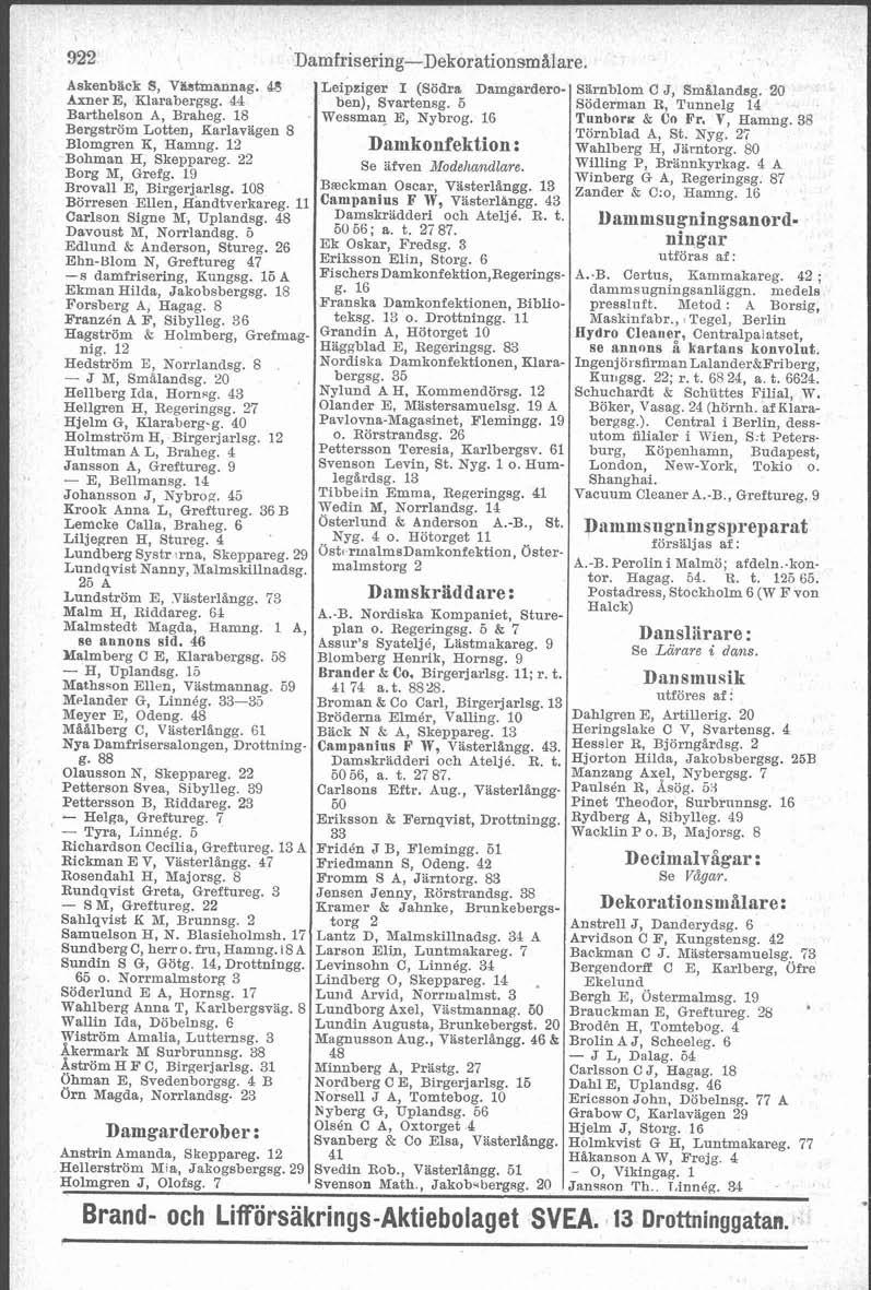 Damfrisering-Dekorationsmalare...-renbBck 8, Vilstmannag. 48 Leipiiger I (Södra Damgardero- SBrnblom C J, SmLlandsg. 20 Axner E, Klarabergsg. 44 ben), Svartensg.