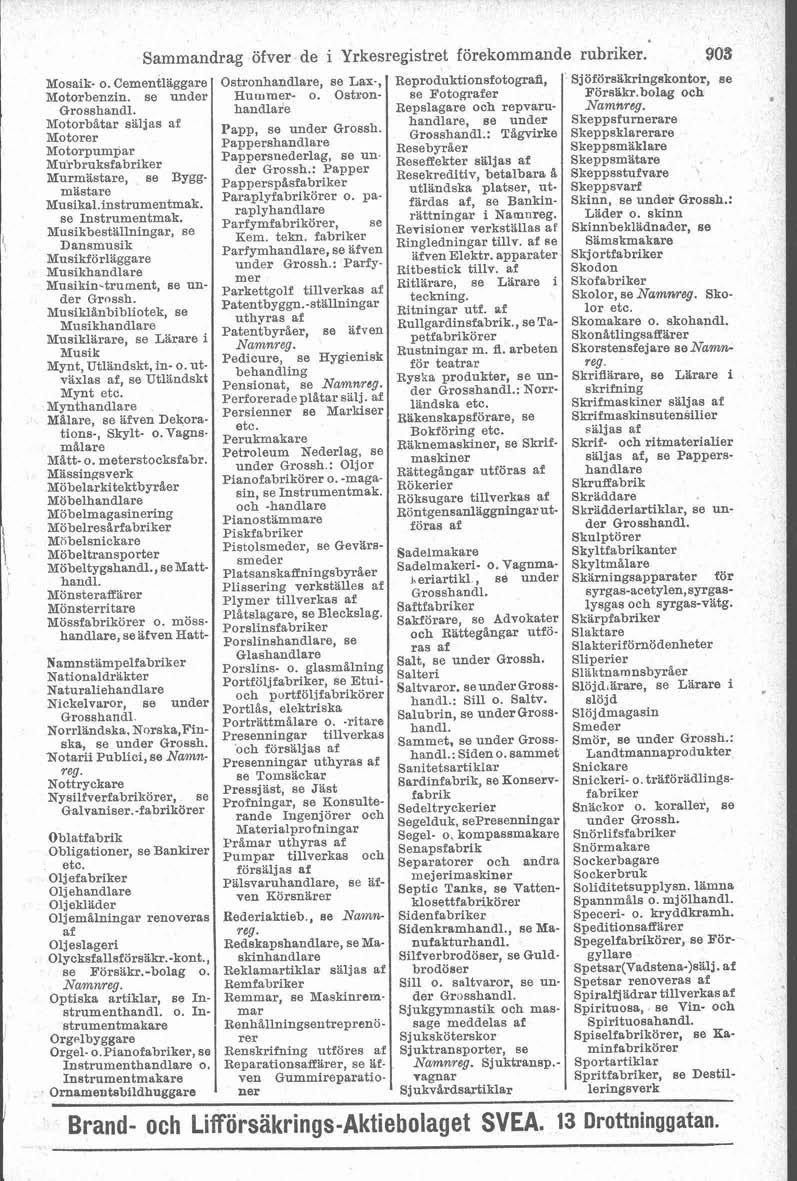 Mosaik- o. Cementliggare Motorbenzin. se under Grosshandl. Motorbitar säljas af Motorer Motorpumpar Murbruksfabriker Murmästare, se Bygg. mästare Mu~ika1,instrurnentmak.