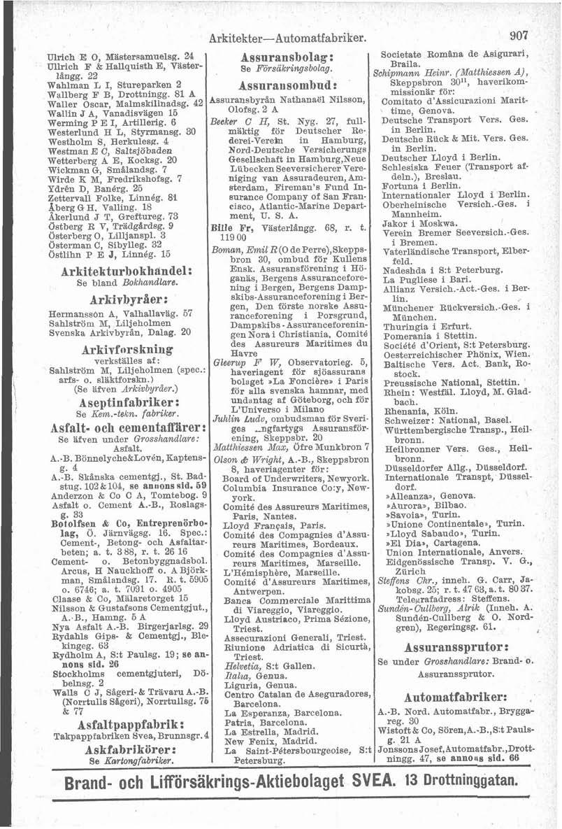 Ulrich E O M'istersamuelsg. 24 Ullrich F & Hallquisth E, Visterl%ngg. 22 Wahlman L I Stureparken 2 Wallberg F g, Drottningg.
