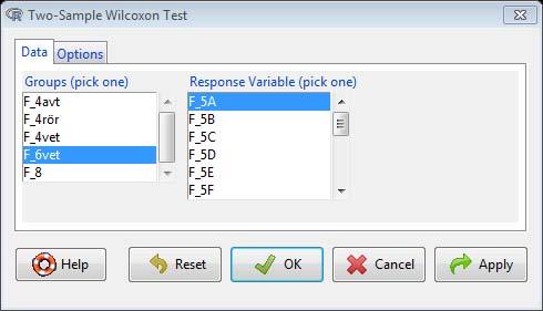 Wilcoxon rangsummetest i RCommander Välj Nonparametric tests / Two sample Wilcoxon test i Statistics menyn Wilcoxon rangsummetest i RCommander Välj Nonparametric tests / Two sample Wilcoxon test i