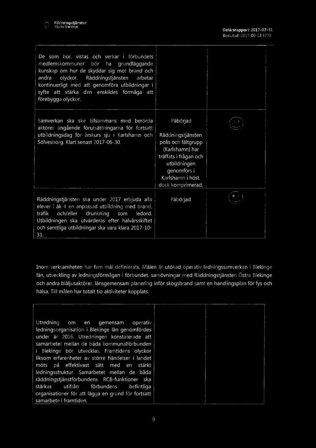 . Räddningstjänsten Västra Blekinge _, Delarsrapport 2017-07-31 Beslutad: 2017-09-13 77O Mål33 De som bor, vistas och verkar i förbundets medlemskommuner bör ha grundläggande kunskap om hur de