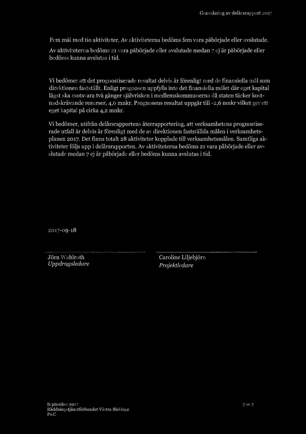 Granskning av delårsrapport 2017 Fem mål med tio aktiviteter, Av aktiviteterna bedöms fem vara påbörjade eller avslutade.